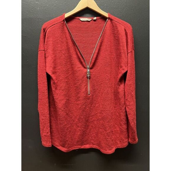 Soft Surroundings Valentina 1/2 Zip Sweater V-Neck Knit Top Red Dahlia Size L - Picture 1 of 7